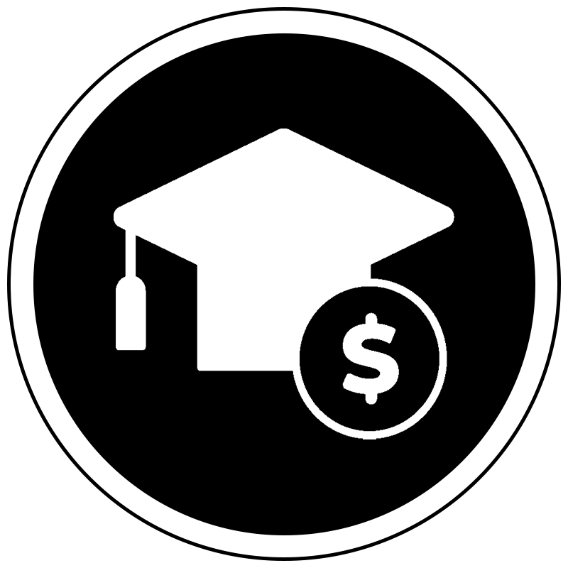 Black and White Icon of College Graduation Cap and Dollar Sign